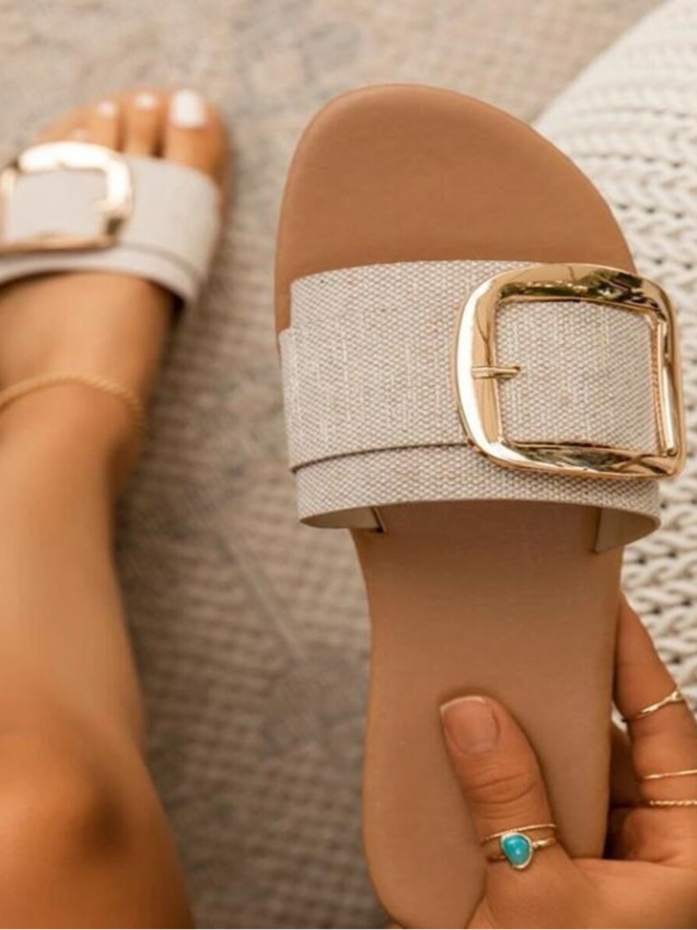 Neutral Beige Slide Sandals with Decorative Gold Buckle